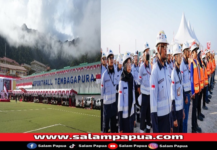Suasana Upacara Pengibaran Bendera Merah-Putih memperingati HUT ke-79 Kemerdekaan RI di Tembagapura, Kabupaten Mimika (kiri) dan di Smelter PTFI di Kawasan Ekonomi Khusus Gresik, Jawa Timur (kanan) (salampapua.com/Foto Corp.Comm PTFI)