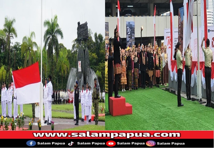 Suasana Upacara Pengibaran Bendera Merah-Putih memperingati HUT ke-79 Kemerdekaan RI di di Alun-alun Kuala Kencana, Kabupaten Mimika (kiri) dan di Kantor PTFI Jakarta, di Gedung Plaza 89, Jakarta Selatan (kanan) (salampapua.com/Foto Corp.Comm PTFI)