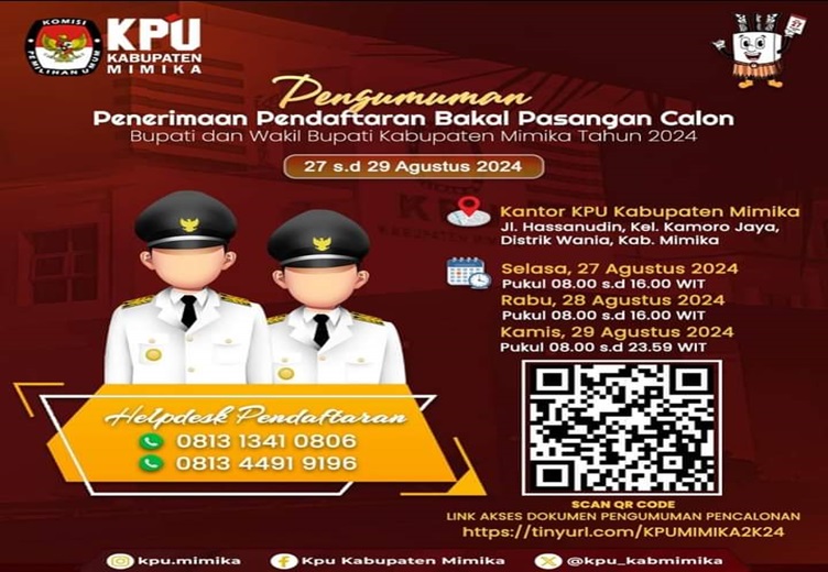 Tiga Paslon Sudah Masukan Surat Pemberitahuan Pendaftaran Ke KPU Mimika, Berikut Tanggal Pendaftarannya