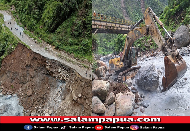 Debit air sungai akibat curah hujan tinggi menyebabkan rusaknya tanggul pinggir sungai yang mengganggu akses jalan utama dari Tembagapura menuju kampung Waa Banti (kiri), dan proses normalisasi sungai Agawagong guna mencegah pengikisan tanggul yang menopang jembatan di kampung Waa Banti (kanan) (salampapua.com/Foto Corp.Comm PTFI)
