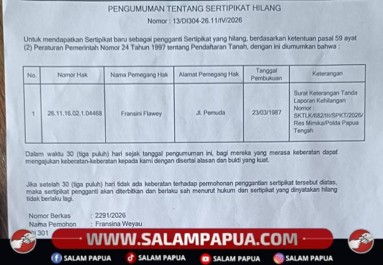 BPN Mimika Umumkan Kehilangan Sertipikat Tanah, Masyarakat Diberi Waktu 30 Hari Ajukan Keberatan