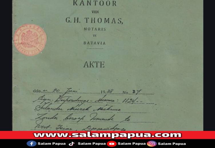 halaman sampul sebuah akta notaris zaman Hindia Belanda, berasal dari Kantor Notaris G.H. THOMAS di Batavia (sekarang Jakarta). Dokumen ini tampaknya dibuat pada masa kolonial (Dokumen Keluarga)