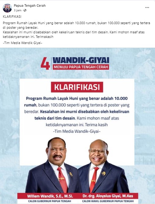Tampilan klarifikasi di platform Facebook milik Willem-Giyai (Sumber: Facebook)