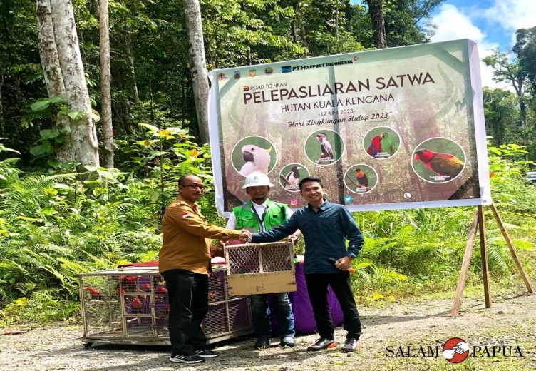 Penyerahan satwa liar dari BBKSDA Papua A.G. Martana kepada SVP Geo-Engineering and Environmental Division PTFI Ardhyn Yuniar (Foto:salampapua.com/Evita)